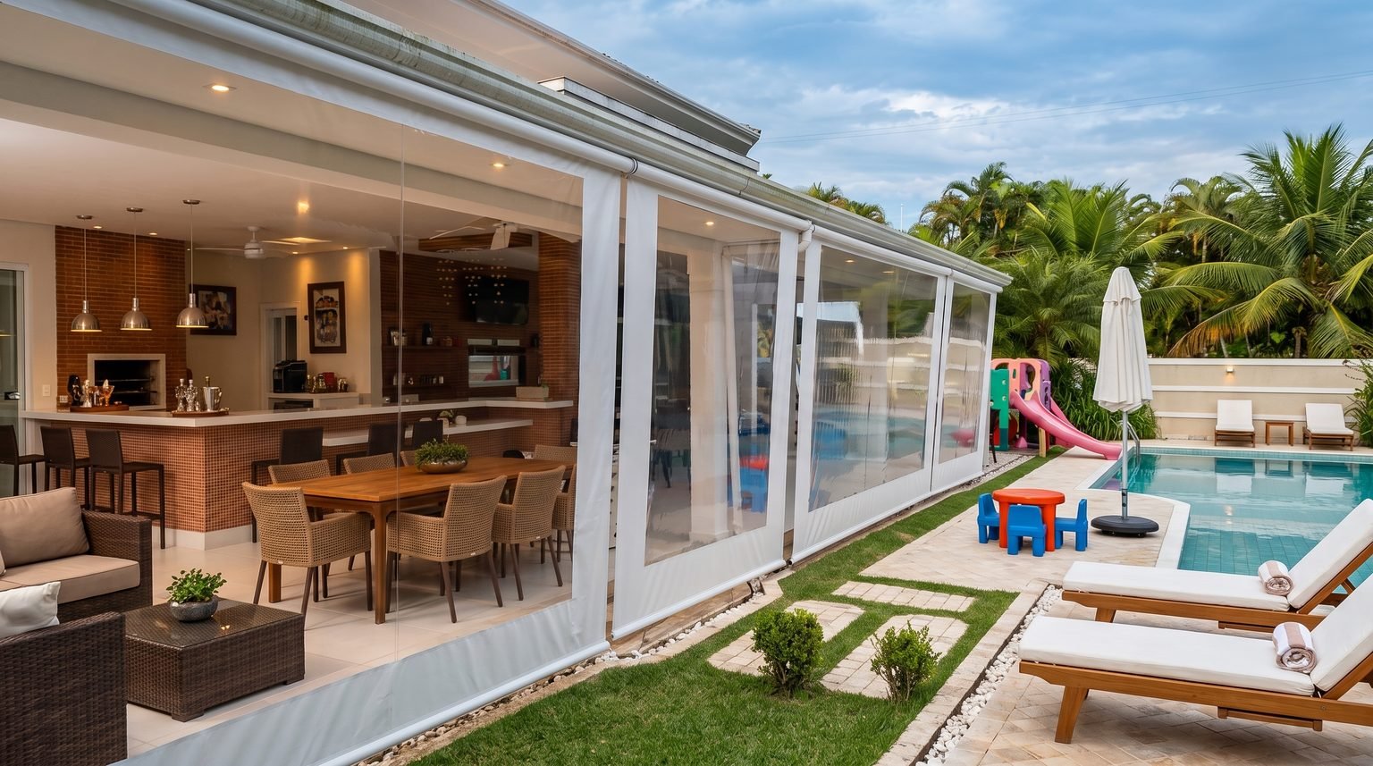 Área de churrasco fechada com cortinas de lona transparente e barra branca, ao lado da piscina